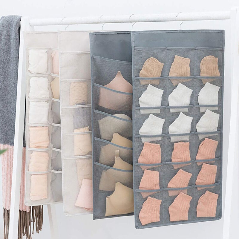 Newraturner Closet Hanging Organizer with Mesh Pockets & Rotating Metal Hanger,Dual Sided Wall Shelf Wardrobe Storage Bags,Oxford Cloth Space Saver Bag for Bra Underwear Underpants Socks (gray) - Image 5